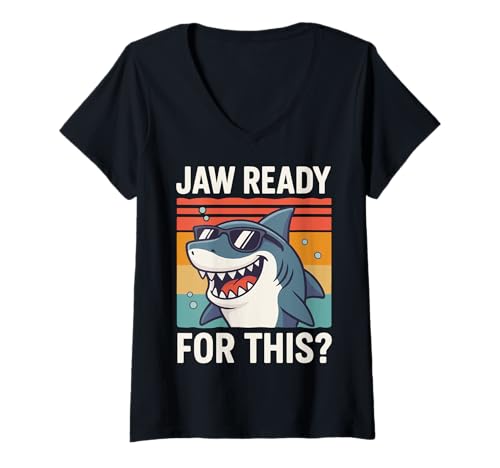 Damen Jaw Ready for This? T-Shirt mit V-Ausschnitt von Lustig Kiefer Ozean Hai