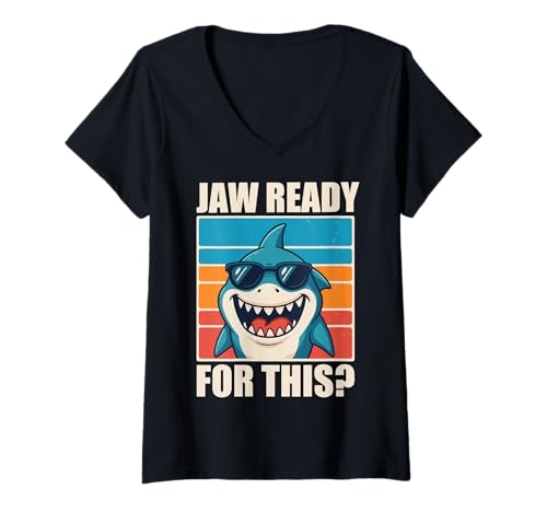Damen Jaw Ready for This? T-Shirt mit V-Ausschnitt von Lustig Kiefer Ozean Hai
