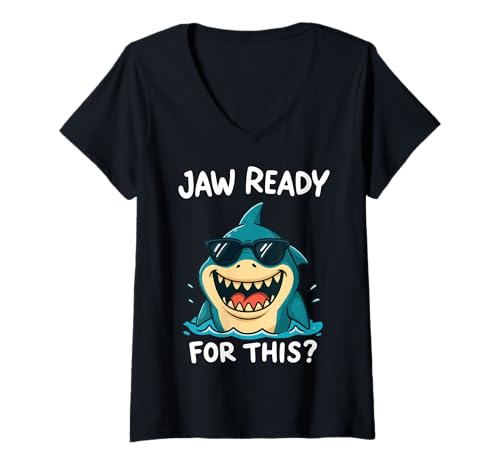 Damen Jaw Ready for This? T-Shirt mit V-Ausschnitt von Lustig Kiefer Ozean Hai