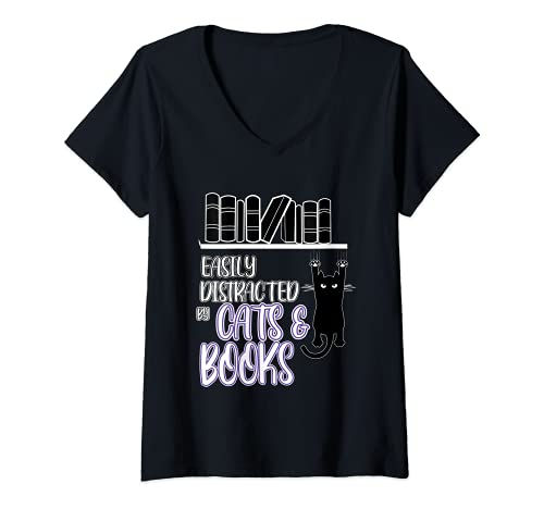 Damen Katzen, Kaffee und Bücher Ironisches Haustier T-Shirt mit V-Ausschnitt Damen Katzen, Kaffee und Bücher Ironisches Haustier T-Shirt mit V-Ausschnitt von Lustig Niedlich Lesen Katzen