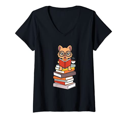 Damen Lesen und Katzen Niedliche Katze Lesen T-Shirt mit V-Ausschnitt Damen Lesen und Katzen Niedliche Katze Lesen T-Shirt mit V-Ausschnitt von Lustig Niedlich Lesen Katzen