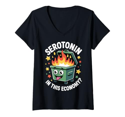 Damen Serotonin In This Economy? T-Shirt mit V-Ausschnitt von Lustig Psychische Gesundheit Angst Waschbär meme