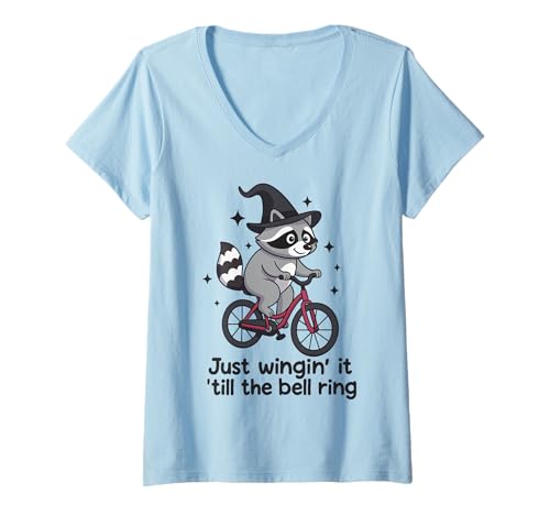 Damen Just Wingin' It Till The Bell Ring T-Shirt mit V-Ausschnitt Damen Just Wingin' It Till The Bell Ring T-Shirt mit V-Ausschnitt von Lustig Waschbär Meme Prokrastination