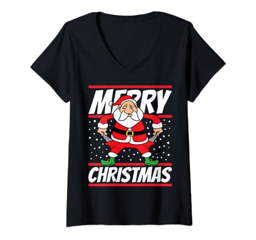 Damen Merry Christmas Weihnachtsmotiv Weihnachtsmann Santa Motiv T-Shirt mit V-Ausschnitt Damen Merry Christmas Weihnachtsmotiv Weihnachtsmann Santa Motiv T-Shirt mit V-Ausschnitt von Lustig Weihnachten XMAS Witzig Weihnachtlich