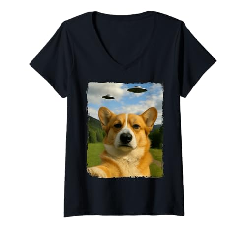 Damen Genervtes Corgi UFO Selfie T-Shirt mit V-Ausschnitt von Lustig Welsh Corgi Alien Grafik