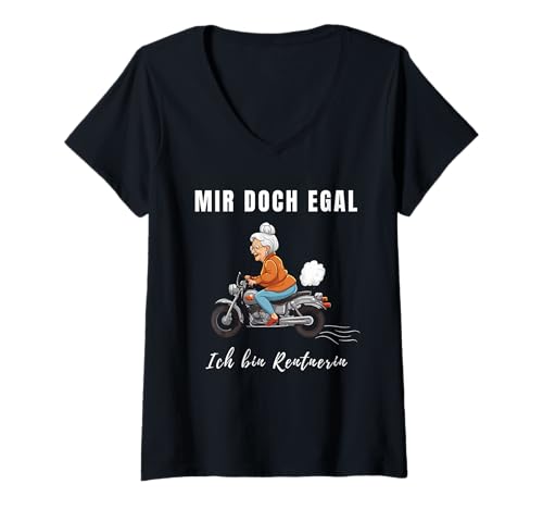 Damen Rentnerin mit Motorrad zum Ruhestand Pension oder Rente T-Shirt mit V-Ausschnitt Damen Rentnerin mit Motorrad zum Ruhestand Pension oder Rente T-Shirt mit V-Ausschnitt von Lustig zum Renteneintritt für Frauen MIr doch egal