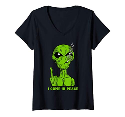 Damen Komm in Frieden Alien UFO Außerirdische Entführung Area 51 T-Shirt mit V-Ausschnitt von Lustige Alien Design Co.