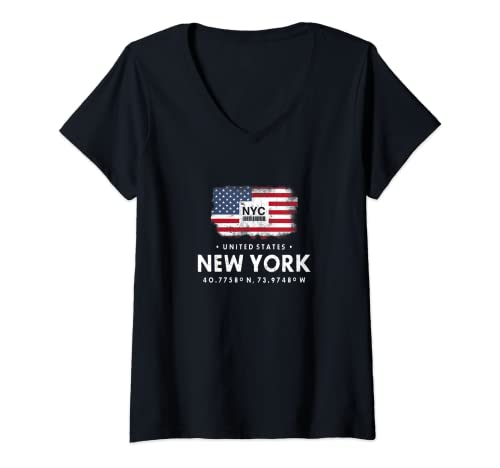 Damen New York City Airport Code NYC USA Flagge United States NY T-Shirt mit V-Ausschnitt von Lustige Amerika GPS Geotagging Geocacher Geschenke