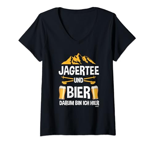 Damen Jagertee und Bier Skifahren Snowboard Apres Ski Party Kostüm T-Shirt mit V-Ausschnitt von Lustige Apres Ski Gruppen & Party Ideen