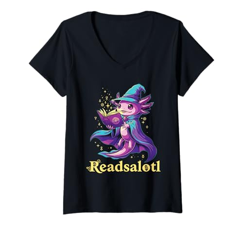 Damen Readsalotl Axolotl Lesen Kawaii Zauberer Bücher Lesen T-Shirt mit V-Ausschnitt Damen Readsalotl Axolotl Lesen Kawaii Zauberer Bücher Lesen T-Shirt mit V-Ausschnitt von Lustige Axolotl Leser Entwürfe