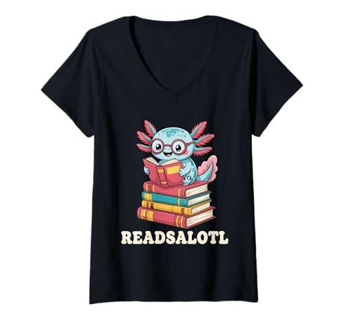 Damen Readsalotl Axolotl Lesen Lustig Bücher Liebhaber T-Shirt mit V-Ausschnitt Damen Readsalotl Axolotl Lesen Lustig Bücher Liebhaber T-Shirt mit V-Ausschnitt von Lustige Axolotl Leser Entwürfe