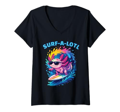 Damen Surf-a-Lotl – Kawaii Axolotl Wellen Surfer auf Surfbrett T-Shirt mit V-Ausschnitt Damen Surf-a-Lotl – Kawaii Axolotl Wellen Surfer auf Surfbrett T-Shirt mit V-Ausschnitt von Lustige Axolotl & Surfen für Strand und Meere Fans