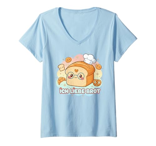 Damen Ich Liebe Brot! Lustiiges Kawaii Brot T-Shirt mit V-Ausschnitt von Lustige Bäcker & Brot Sprüche