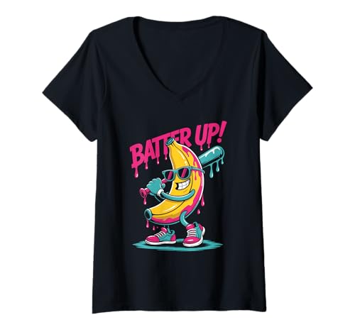 Damen Batter Up Banana Neon Cartoon Baseball Sports Humor T-Shirt mit V-Ausschnitt Damen Batter Up Banana Neon Cartoon Baseball Sports Humor T-Shirt mit V-Ausschnitt von Lustige Banane Baseball BATTER UP! Street Style