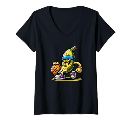 Damen Lustige Banane Mit Basketball T-Shirt mit V-Ausschnitt Damen Lustige Banane Mit Basketball T-Shirt mit V-Ausschnitt von Lustige Banane Basketball Spieler