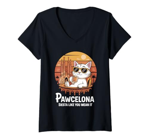 Damen Lustiges Katzendesign mit Purrfect Pawcelona T-Shirt mit V-Ausschnitt Damen Lustiges Katzendesign mit Purrfect Pawcelona T-Shirt mit V-Ausschnitt von Lustige Barcelona Katzen Bekleidung