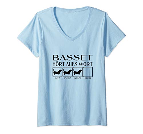 Damen Basset - Hört aufs Wort, Hunde Geschenk, lustiges Basset T-Shirt mit V-Ausschnitt von // Lustige Basset Hound Geschenke \\