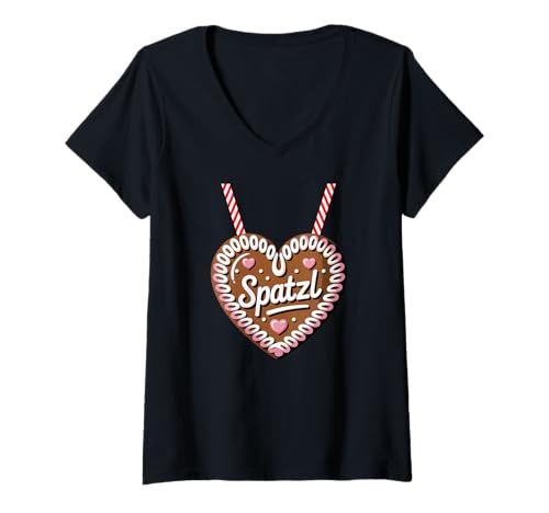 Damen Spatzl Lebkuchenherz T-Shirt mit V-Ausschnitt Damen Spatzl Lebkuchenherz T-Shirt mit V-Ausschnitt von Lustige Bayerische Lebkuchenherz Spatzl