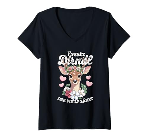 Damen Ersatz Dirndl Lustiger Hirsch Blumenkranz T-Shirt mit V-Ausschnitt Damen Ersatz Dirndl Lustiger Hirsch Blumenkranz T-Shirt mit V-Ausschnitt von Lustige Bayerische Trachten Humor