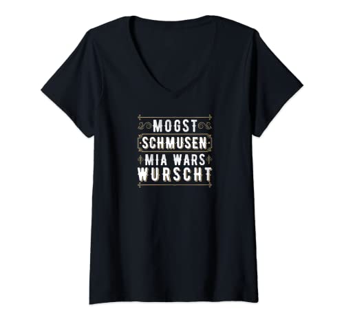 Damen Mogst Schmusen Mia Wars Wurscht Bayrische Sprüche T-Shirt mit V-Ausschnitt Damen Mogst Schmusen Mia Wars Wurscht Bayrische Sprüche T-Shirt mit V-Ausschnitt von Lustige Bayrische Sprüche Geschenke