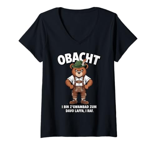 Damen Obacht I Bin z'gwambad Bayerischer Bär in Lederhose Spruch T-Shirt mit V-Ausschnitt Damen Obacht I Bin z'gwambad Bayerischer Bär in Lederhose Spruch T-Shirt mit V-Ausschnitt von Lustige Bayrische Sprüche & Tracht