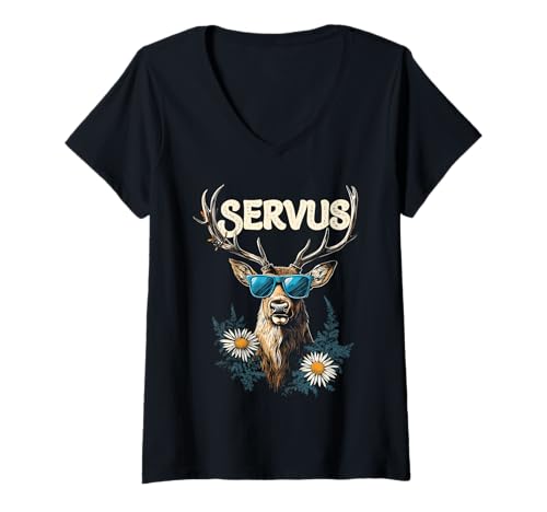 Damen Servus Hirsch Trachten Herren Trachten Damen Tracht T-Shirt mit V-Ausschnitt von Lustige Bayrische Volksfest Trachtenoutfit Herren