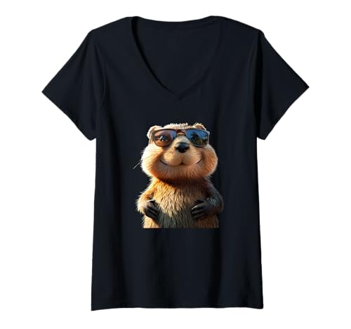 Damen Biber mit Sonnenbrille Ich Liebe Nagetiere Süßer Biber T-Shirt mit V-Ausschnitt von Lustige Biber Motive für alle Nagetier Liebhaber