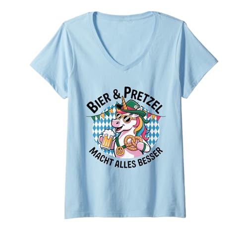 Damen Einhorn Bier Brezel Lustiges Oktoberfest Kleidung T-Shirt mit V-Ausschnitt Damen Einhorn Bier Brezel Lustiges Oktoberfest Kleidung T-Shirt mit V-Ausschnitt von Lustige Bier Brezel Einhorn Sprüche Oktoberfest
