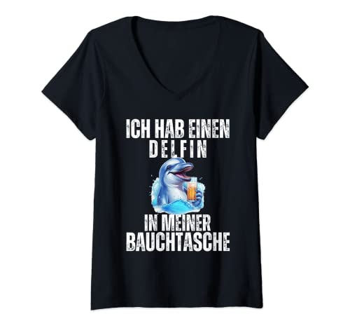 Damen Delfin in meiner Bauchtasche - Party Sommer Outfit Mallorca T-Shirt mit V-Ausschnitt von Lustige Bier und Trinksprüche Malle Shop