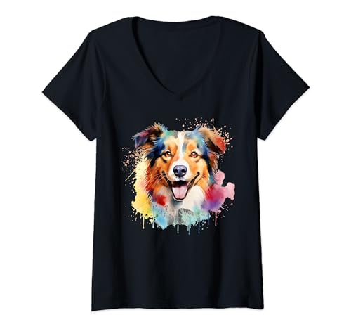 Damen Aquarell Border Collie T-Shirt mit V-Ausschnitt Damen Aquarell Border Collie T-Shirt mit V-Ausschnitt von Lustige Border Collie Geschenke & Kleidung