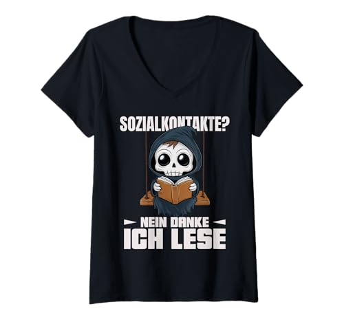 Damen Sozialkontakte Lustiger Bücher Sensenmann Spruch T-Shirt mit V-Ausschnitt Damen Sozialkontakte Lustiger Bücher Sensenmann Spruch T-Shirt mit V-Ausschnitt von Lustige Buch Sprüche Lesen Geschenkideen für Leser