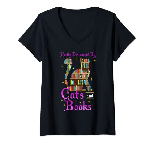 Damen Easily Distracted By Cats And Books Bücher Katze Katzenmotiv T-Shirt mit V-Ausschnitt von Lustige Bücher Lesen Katzen Fan Leseratte Outfits