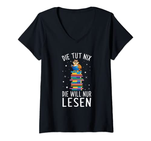 Damen Die Tut Nix Die Will Nur Lesen Eule Leseratte Kettenleser T-Shirt mit V-Ausschnitt Damen Die Tut Nix Die Will Nur Lesen Eule Leseratte Kettenleser T-Shirt mit V-Ausschnitt von Lustige Bücher Spruch Geschenke Für Bücherwürmer