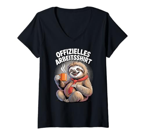 Damen Arbeit Arbeitsshirt Büro, Faul & Faultier, Faulenzer T-Shirt mit V-Ausschnitt von Lustige Bürohumor Sprüche f Kollegen & Mitarbeiter