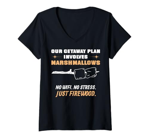 Damen Unser Ausflugsplan beinhaltet Marshmallows. Camping. T-Shirt mit V-Ausschnitt Damen Unser Ausflugsplan beinhaltet Marshmallows. Camping. T-Shirt mit V-Ausschnitt von Lustige Camping -Brennholzdesigns