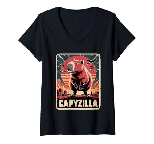 Damen Lustiges Capyzilla Humor Tiermotiv Capybara T-Shirt mit V-Ausschnitt Damen Lustiges Capyzilla Humor Tiermotiv Capybara T-Shirt mit V-Ausschnitt von Lustige Capybara Geschenkideen für Tierliebhaber