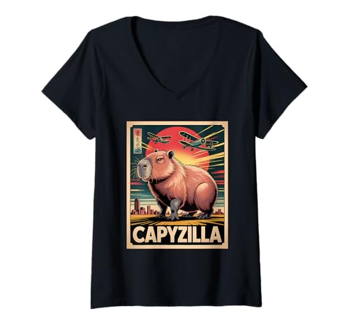 Damen Lustiges Capyzilla Humor Tiermotiv Capybara T-Shirt mit V-Ausschnitt Damen Lustiges Capyzilla Humor Tiermotiv Capybara T-Shirt mit V-Ausschnitt von Lustige Capybara Geschenkideen für Tierliebhaber