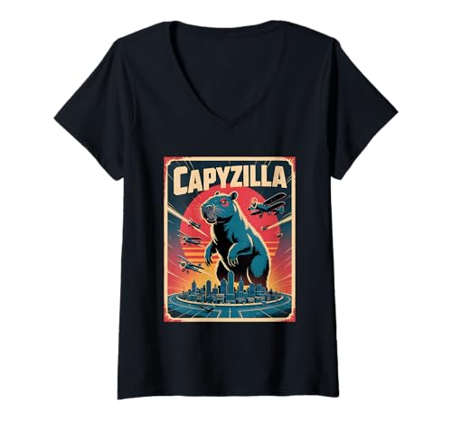 Damen Lustiges Capyzilla Humor Tiermotiv Capybara T-Shirt mit V-Ausschnitt Damen Lustiges Capyzilla Humor Tiermotiv Capybara T-Shirt mit V-Ausschnitt von Lustige Capybara Geschenkideen für Tierliebhaber