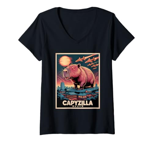 Damen Lustiges Capyzilla Humor Tiermotiv Capybara T-Shirt mit V-Ausschnitt Damen Lustiges Capyzilla Humor Tiermotiv Capybara T-Shirt mit V-Ausschnitt von Lustige Capybara Geschenkideen für Tierliebhaber