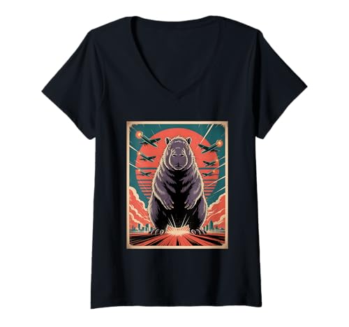 Damen Lustiges Capyzilla Humor Tiermotiv Capybara T-Shirt mit V-Ausschnitt Damen Lustiges Capyzilla Humor Tiermotiv Capybara T-Shirt mit V-Ausschnitt von Lustige Capybara Geschenkideen für Tierliebhaber