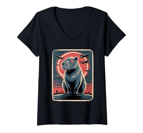 Damen Lustiges Capyzilla Humor Tiermotiv Capybara T-Shirt mit V-Ausschnitt Damen Lustiges Capyzilla Humor Tiermotiv Capybara T-Shirt mit V-Ausschnitt von Lustige Capybara Geschenkideen für Tierliebhaber