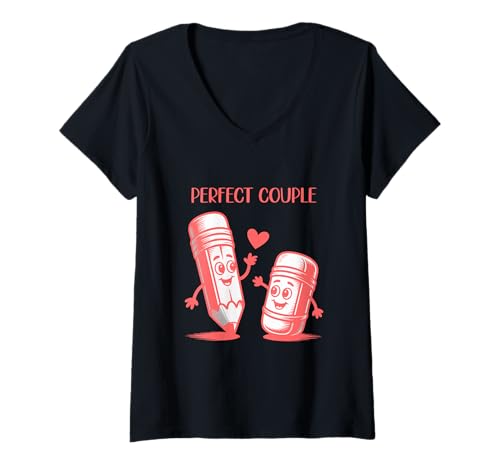 Damen Perfekte Paar Cartoon Bleistift Radiergummi T-Shirt mit V-Ausschnitt Damen Perfekte Paar Cartoon Bleistift Radiergummi T-Shirt mit V-Ausschnitt von Lustige Cartoon Bleistift Radiergummi Liebes