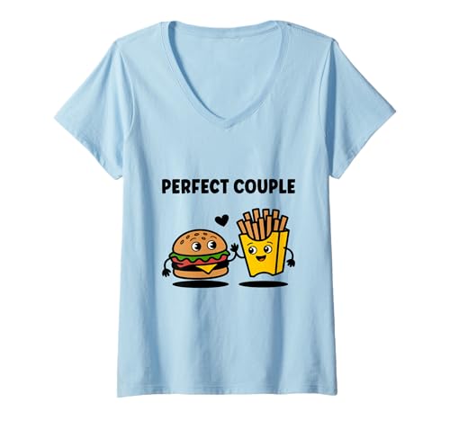 Damen Burger Und Pommes Mit Lustigem Gesicht T-Shirt mit V-Ausschnitt von Lustige Cartoon Fast Food Freunde Burger Pommes