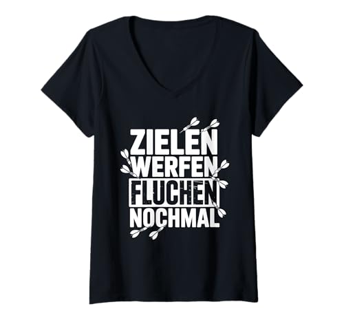 Damen Zielen Werfen Fluchen Nochmal Lustiger Dartspruch Dart T-Shirt mit V-Ausschnitt von Lustige Dart Sprüche Für Spieler Teams Turnierfans