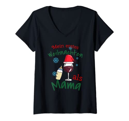 Damen Mein erstes Weihnachten als Mama Weinglas T-Shirt mit V-Ausschnitt Damen Mein erstes Weihnachten als Mama Weinglas T-Shirt mit V-Ausschnitt von Lustige Designs zu Weihnachten