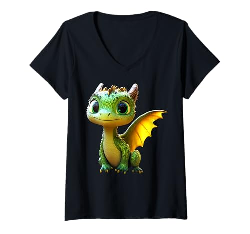 Damen Drache Kleiner Grüner Baby Drache Dragon Süße Drachen T-Shirt mit V-Ausschnitt Damen Drache Kleiner Grüner Baby Drache Dragon Süße Drachen T-Shirt mit V-Ausschnitt von Lustige Drachen für alle Drachen Liebhaber