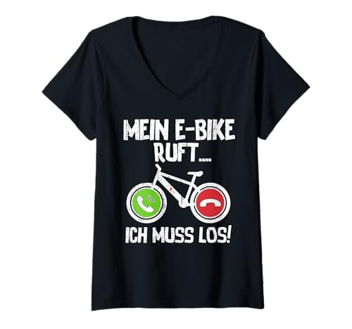 Damen Mein E-Bike ruft und ich muss los Mountainbike lustig ebike T-Shirt mit V-Ausschnitt von Lustige E-Bike Fahrer Sprüche Geschenke e-mtb