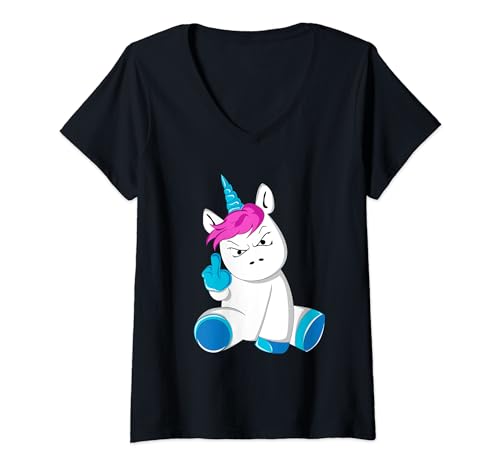 Damen Einhorn Teenager Stinkefinger wütend Unicorn Fun Lustig T-Shirt mit V-Ausschnitt Damen Einhorn Teenager Stinkefinger wütend Unicorn Fun Lustig T-Shirt mit V-Ausschnitt von Lustige Einhorn Fan Geschenke Outfits