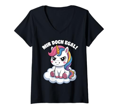 Damen Einhorn Geschenke Mädchen Damen Frauen Mir Doch Egal Einhorn T-Shirt mit V-Ausschnitt von Lustige Einhorn Geschenke Einhorn T Shirt Sprüche