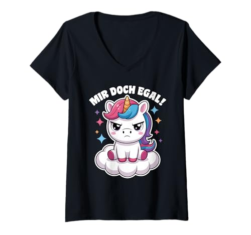 Damen Einhorn Geschenke Mädchen Damen Frauen Mir Doch Egal Einhorn T-Shirt mit V-Ausschnitt von Lustige Einhorn Geschenke Einhorn T Shirt Sprüche